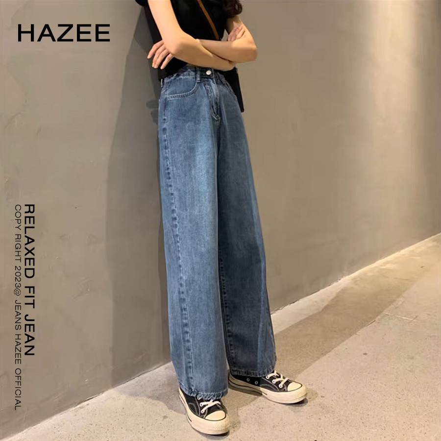 Quần jean màu xanh cho nữ cạp cao HAZEE quần bò ống rộng nữ jeans cao cấp co giãn