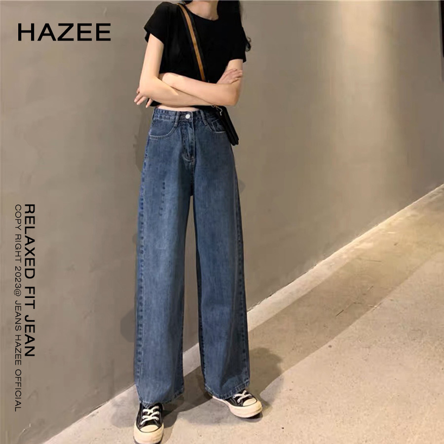 Quần jean màu xanh cho nữ cạp cao HAZEE quần bò ống rộng nữ jeans cao cấp co giãn