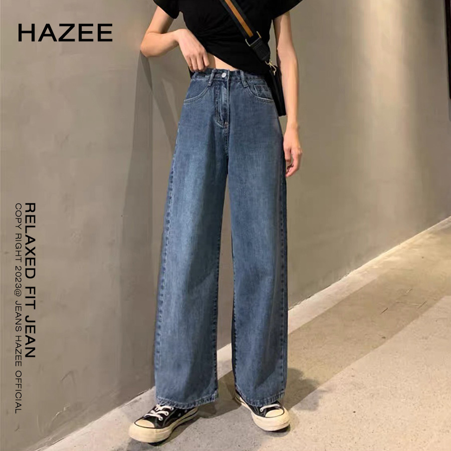 Quần jean màu xanh cho nữ cạp cao HAZEE quần bò ống rộng nữ jeans cao cấp co giãn
