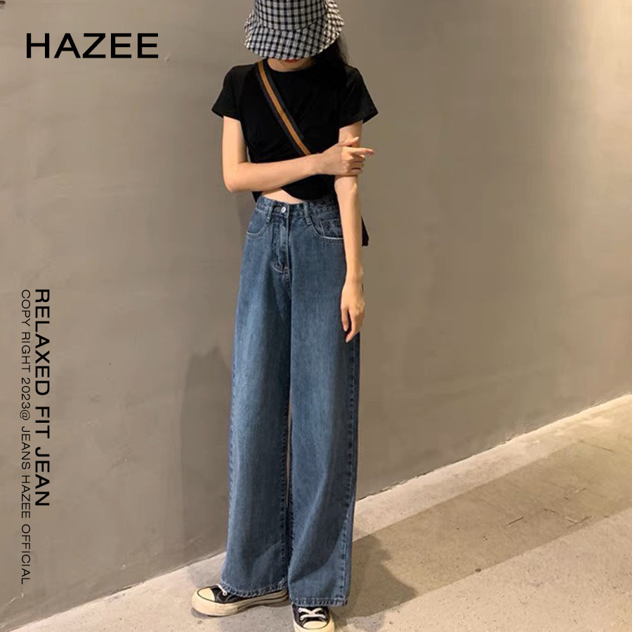 Quần jean màu xanh cho nữ cạp cao HAZEE quần bò ống rộng nữ jeans cao cấp co giãn