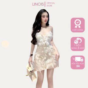 Đầm Ren Body Dự Tiệc 2 Dây Đính Hoa Tuyết Lông Tua Rua - Vải Ren - Màu Kem Phối Hoa Trắng Đi Chơi, Du Lịch LINOIS