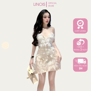 [RL35] Đầm Ren Body Dự Tiệc 2 Dây Đính Hoa Tuyết Lông Tua Rua - Vải Ren - Màu Kem Phối Hoa Trắng Đi Chơi, Du Lịch LINOIS