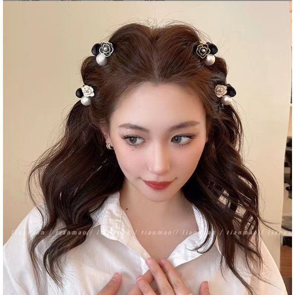 Set 2 Kẹp Tóc Mái Càng Cua Mini Đính Hoa Trà Phối Hạt Xinh Xắn Phong Cách Hàn Quốc Phụ Kiện Tóc Nữ