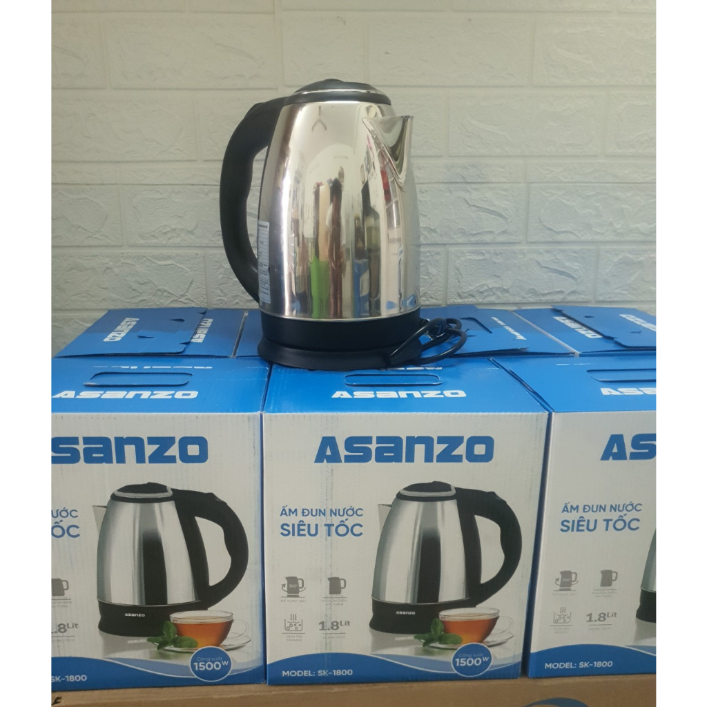Ấm Đun Siêu Tốc Inox 1.8 lít SK-1800 Asanzo, Công Suất 1500W Đun Sôi Nhanh, Hàng chính hãng