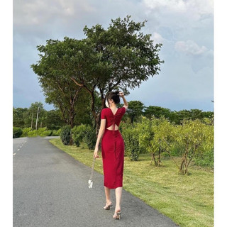 [D02]Đầm body rút dây sau lưng xẻ tà 1 bên cách điệu tôn dáng