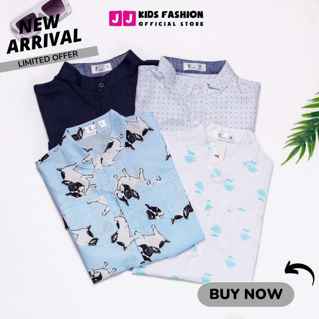 Áo sơ mi cho bé trai ngắn tay cổ trụ họa tiết phong cách Hàn Quốc - JJ Kids
