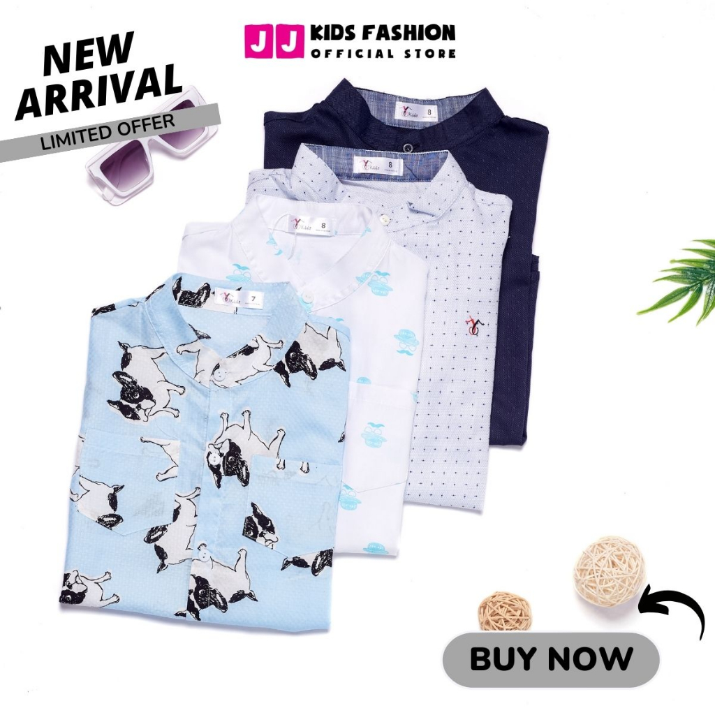 Áo sơ mi cho bé trai ngắn tay cổ trụ họa tiết phong cách Hàn Quốc - JJ Kids