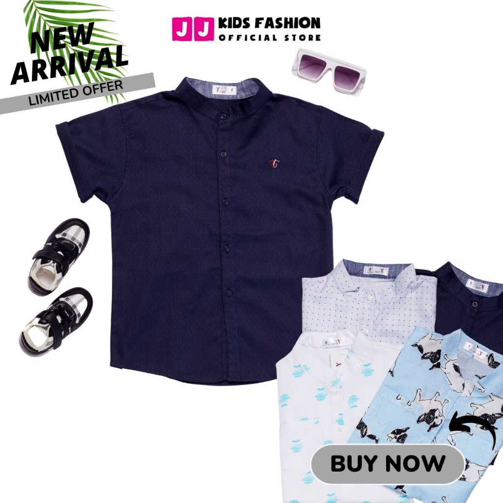 Áo sơ mi cho bé trai ngắn tay cổ trụ họa tiết phong cách Hàn Quốc - JJ Kids