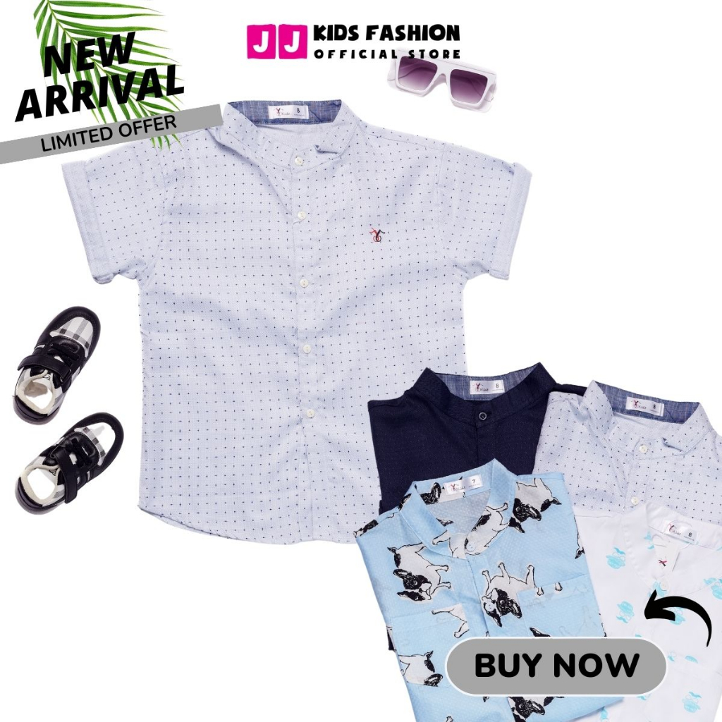 Áo sơ mi cho bé trai ngắn tay cổ trụ họa tiết phong cách Hàn Quốc - JJ Kids