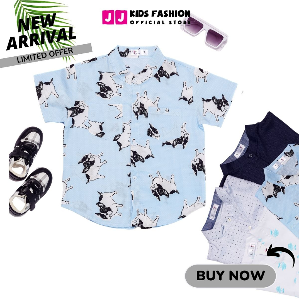 Áo sơ mi cho bé trai ngắn tay cổ trụ họa tiết phong cách Hàn Quốc - JJ Kids