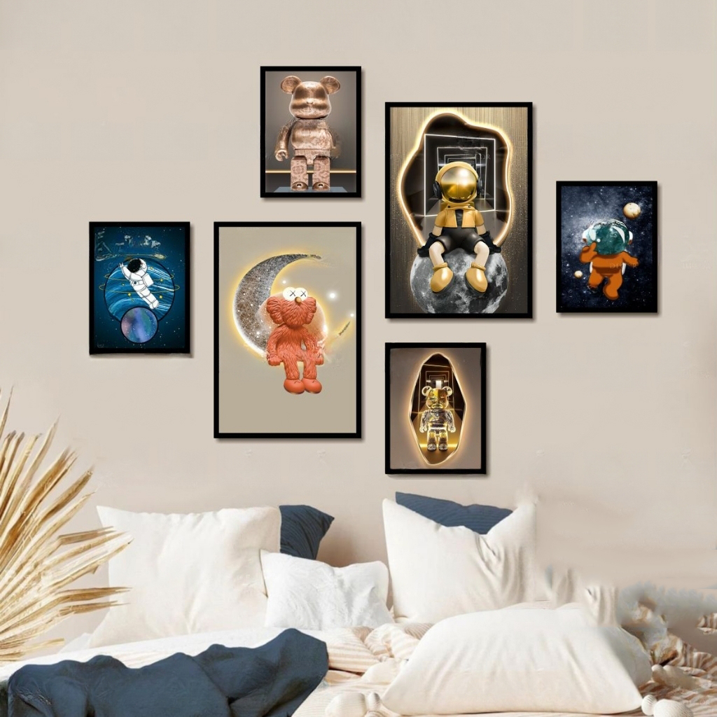 Set 6 Tranh Decor Dán Tường Phong Cách Hiện Đại, Tranh Gấu BearBrick