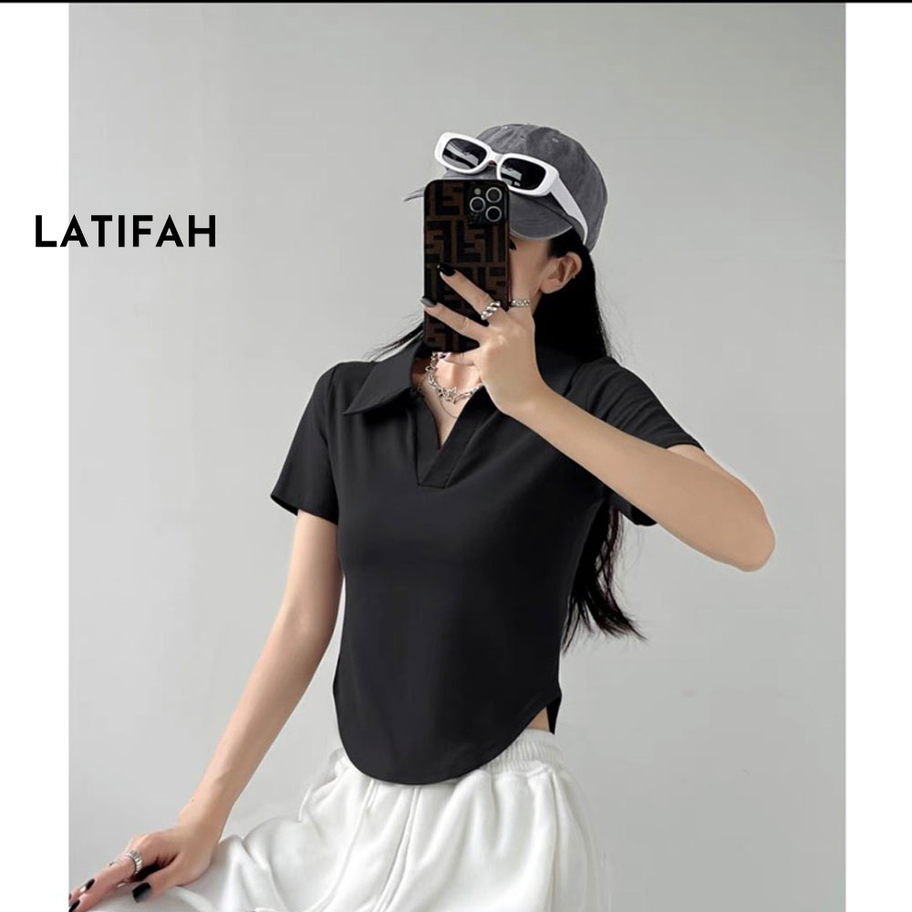 Áo thun croptop cổ POLO tay lỡ Latifah TRƠN AT030 thun co giãn 4 chiều