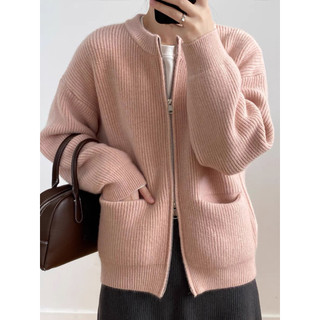 Áo khoác cardigan len mềm kéo khóa có túi cổ tròn dáng trơn form vừa basic nhiều màu thu đông DELIZ