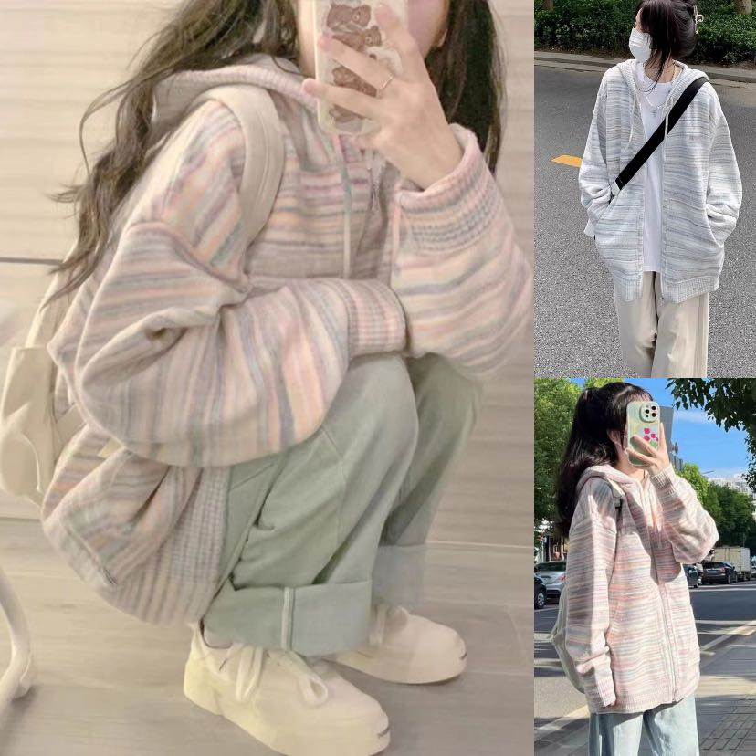 [ẢNH THẬT] SẴN Áo len hoodie có khoá kéo mũ len phối màu hồng pastel ...