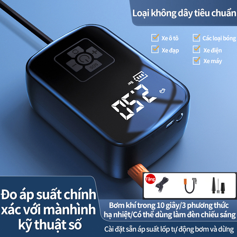 Máy Bơm Hơi Bánh Xe Ô Tô, xe máy không dây tặng kèm dây sạc, Có Màn Hình LED Hiển Thị Điện Áp