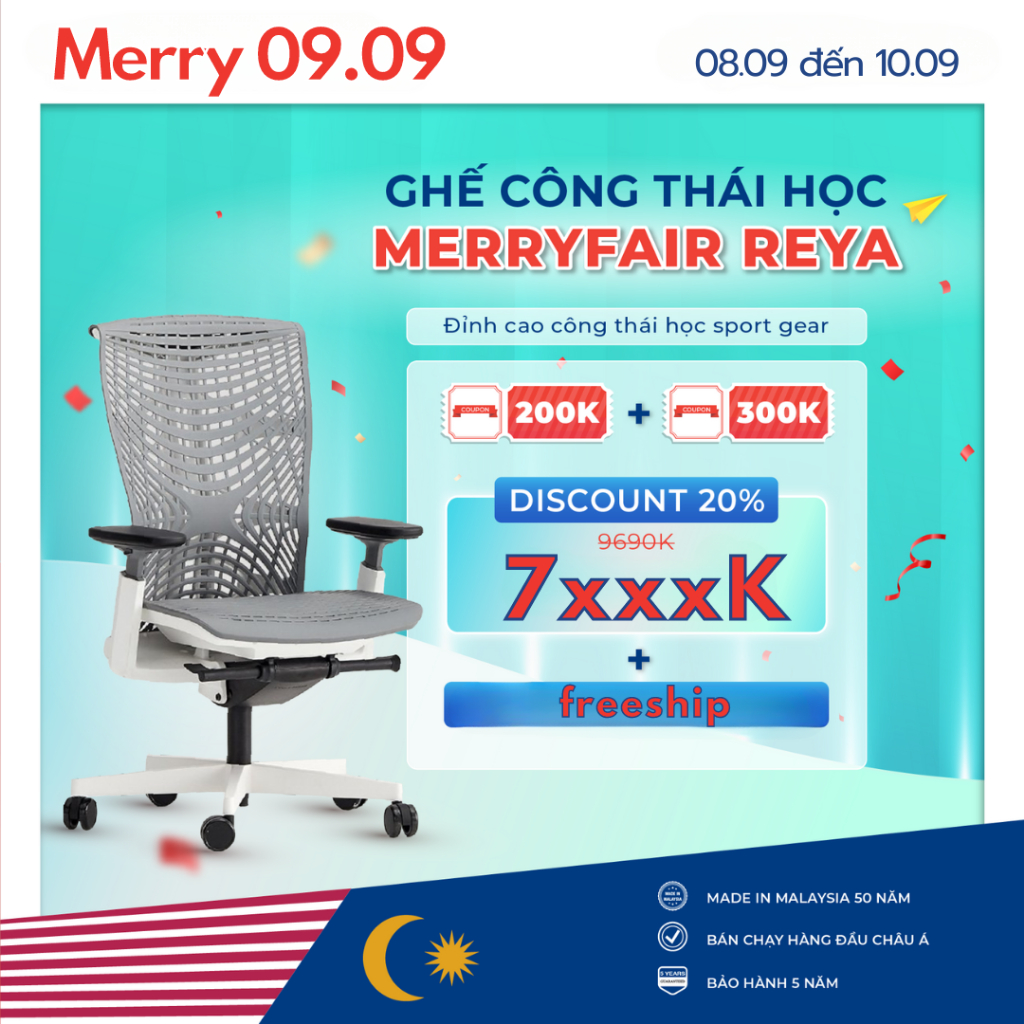 Ghế Công Thái học MERRYFAIR REYA White/Grey TPE Shopee Việt Nam
