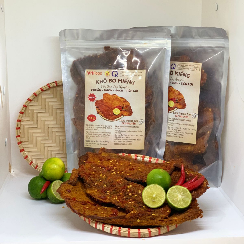 Khô Bò Miếng Tảng Tây Nguyên 500G Túi Zip 100% Thịt Bò Tươi VnFood