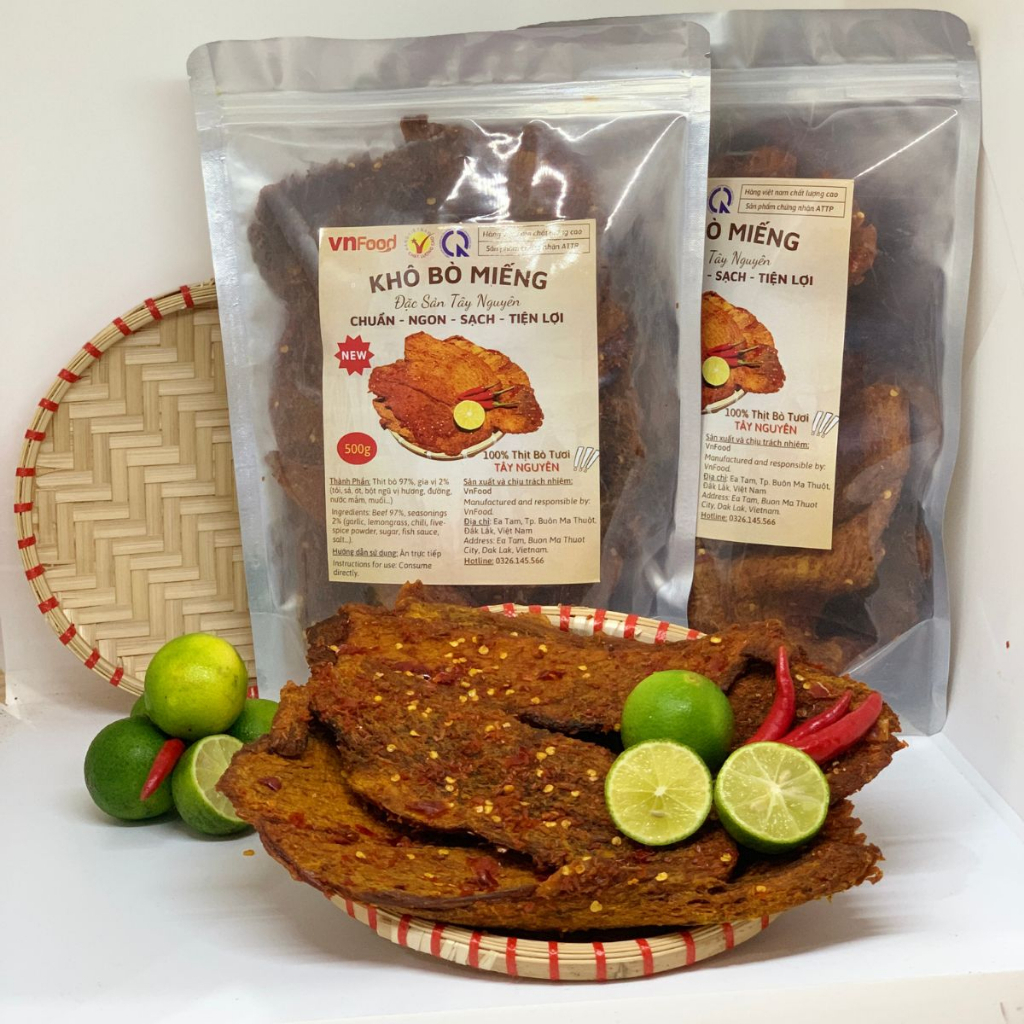 Khô Bò Miếng Tảng Tây Nguyên 500G Túi Zip 100% Thịt Bò Tươi VnFood
