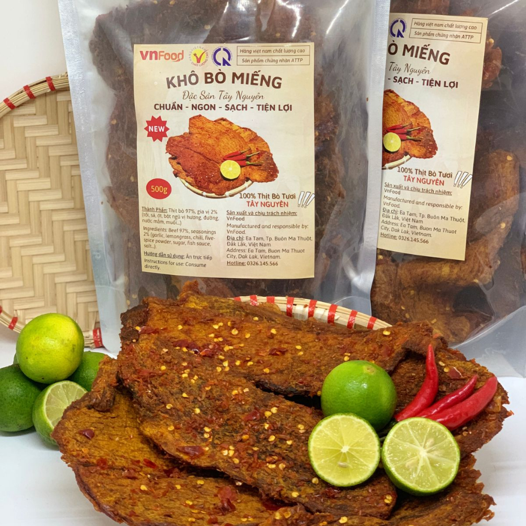 Khô Bò Miếng Tảng Tây Nguyên 500G Túi Zip 100% Thịt Bò Tươi VnFood