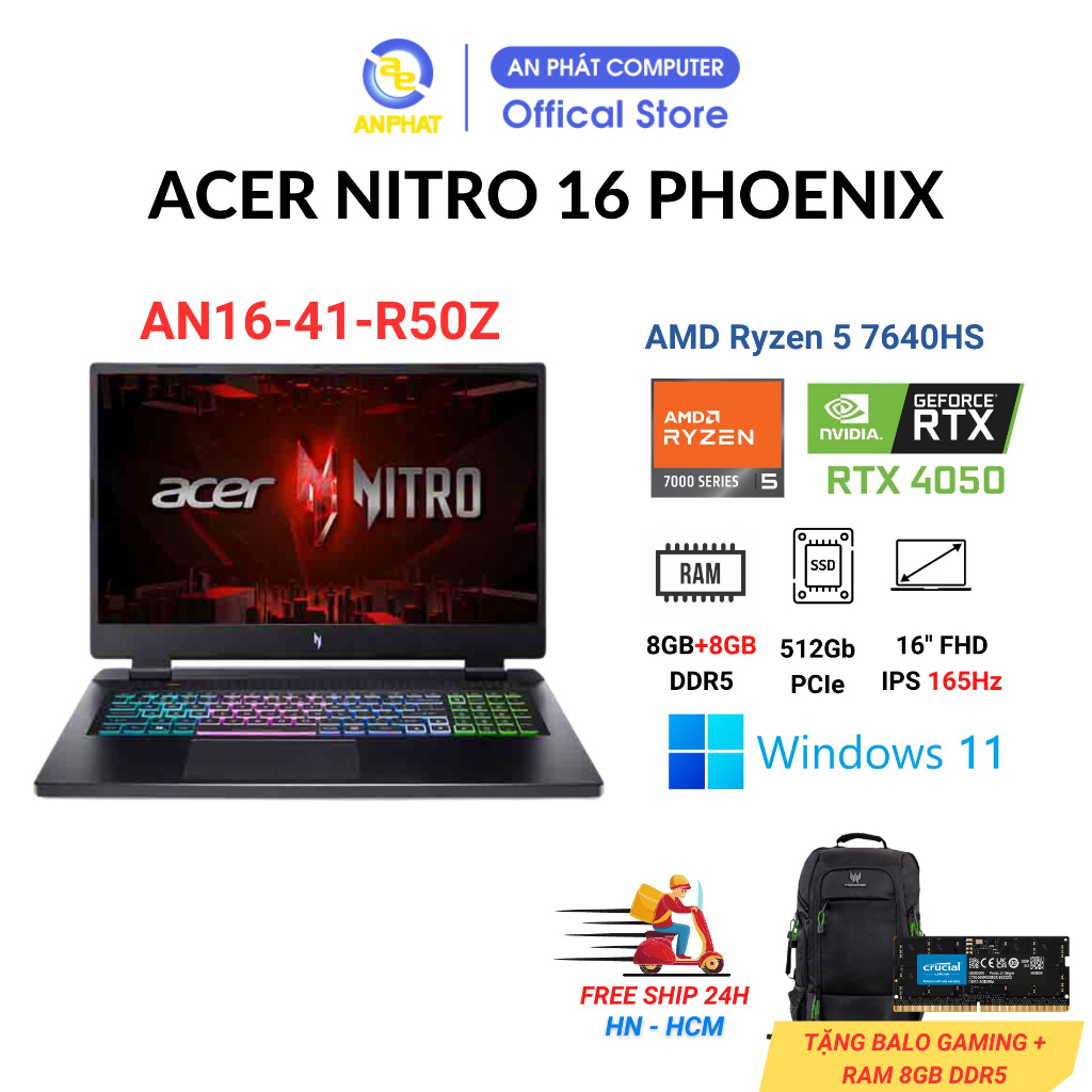 Laptop Gaming Acer Nitro 16 Phoenix AN16-41-R50Z ( AMD Ryzen 5 7640HS | RTX 4050 6GB)