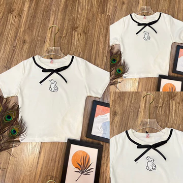 Áo croptop viền cổ nơ thêu hoa tiết con thỏ áo croptop tay ngắn nữ Bigsize Kim Ngân từ 50kg đến 100kg M/L/XL/XXL áo kiểu
