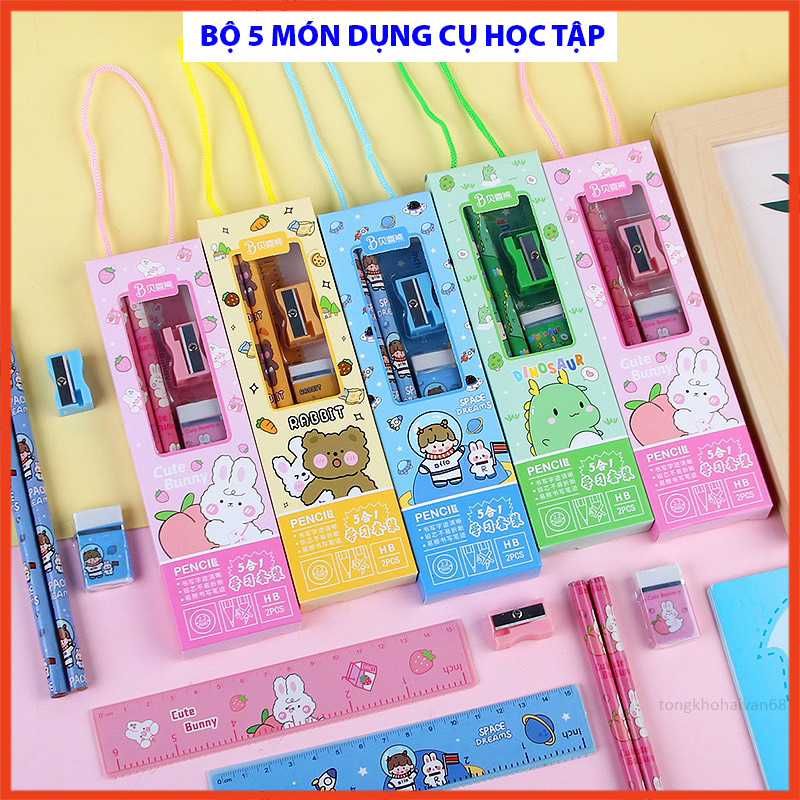 Bộ Dụng Cụ Học Tập 5 Món Hộp Giấy Có Quai Xách Cute, Gồm Bút Chì + Tẩy + Thước Kẻ + Gọt Bút Chì