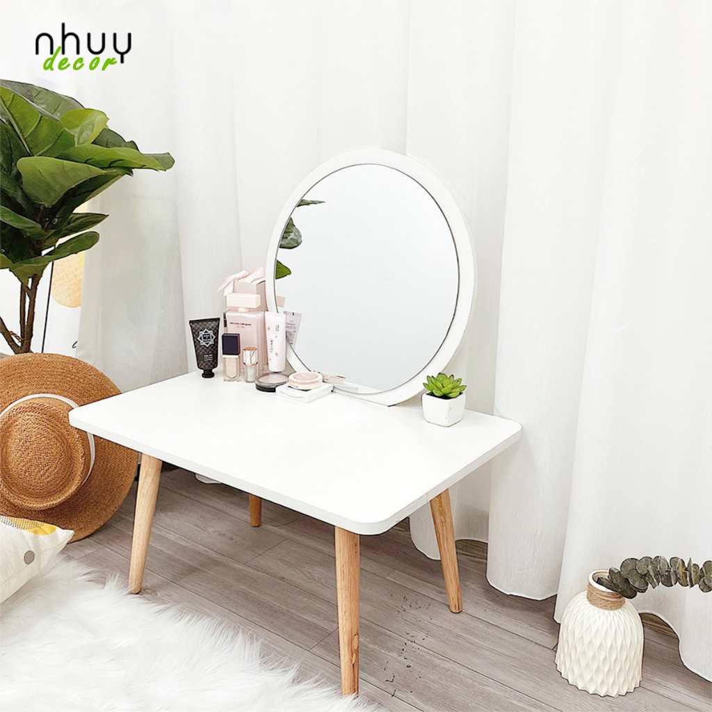 Bàn trang điểm mini có gương, bàn phấn ngồi bệt kèm gương tiện lợi chân gỗ tự nhiên phong cách Bắc Âu hiện đại
