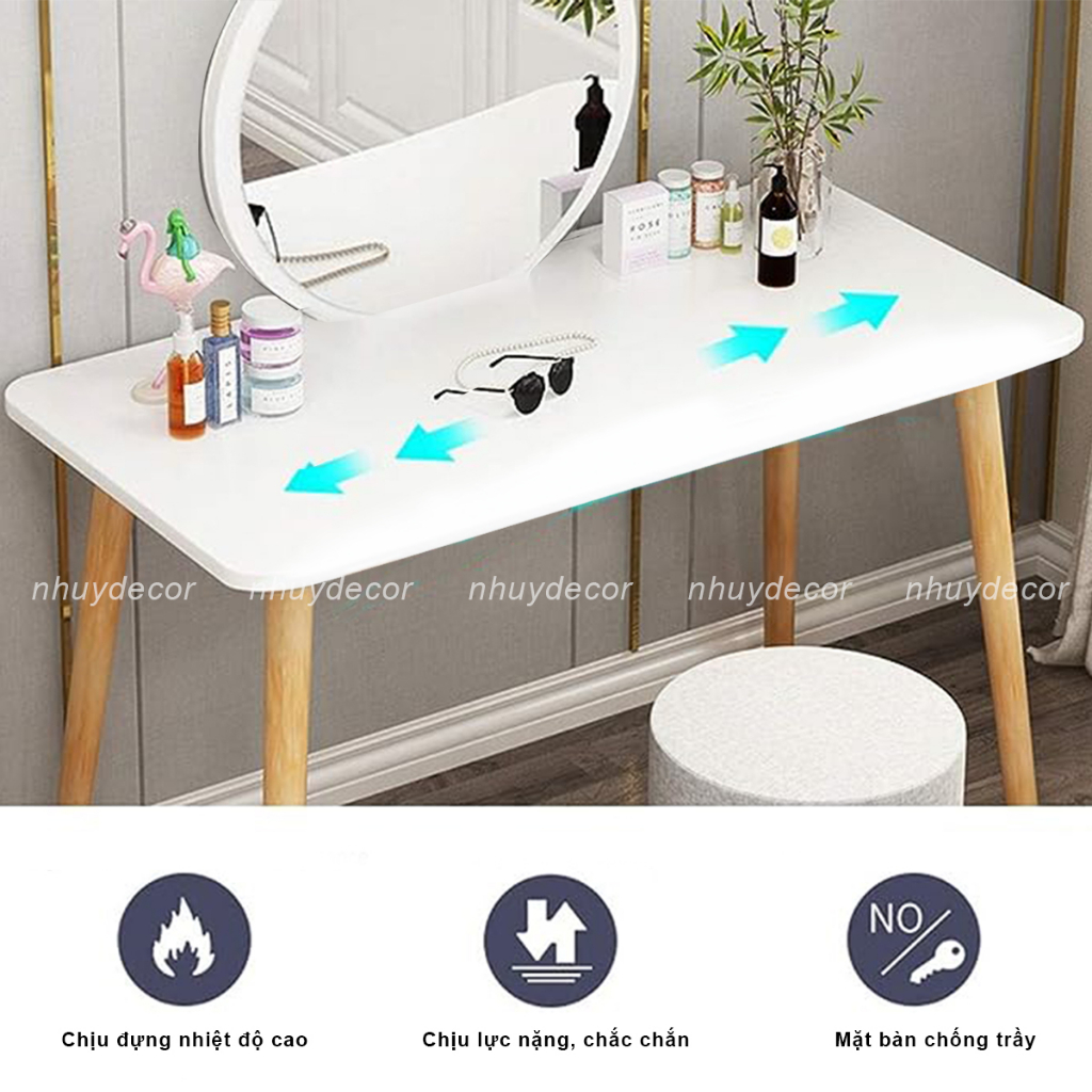 Bàn trang điểm mini có gương, bàn phấn ngồi bệt kèm gương tiện lợi chân gỗ tự nhiên phong cách Bắc Âu hiện đại