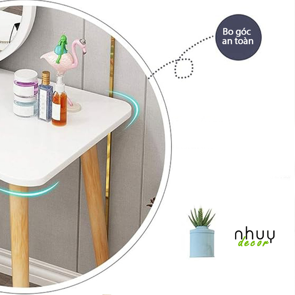 Bàn trang điểm mini có gương, bàn phấn ngồi bệt kèm gương tiện lợi chân gỗ tự nhiên phong cách Bắc Âu hiện đại