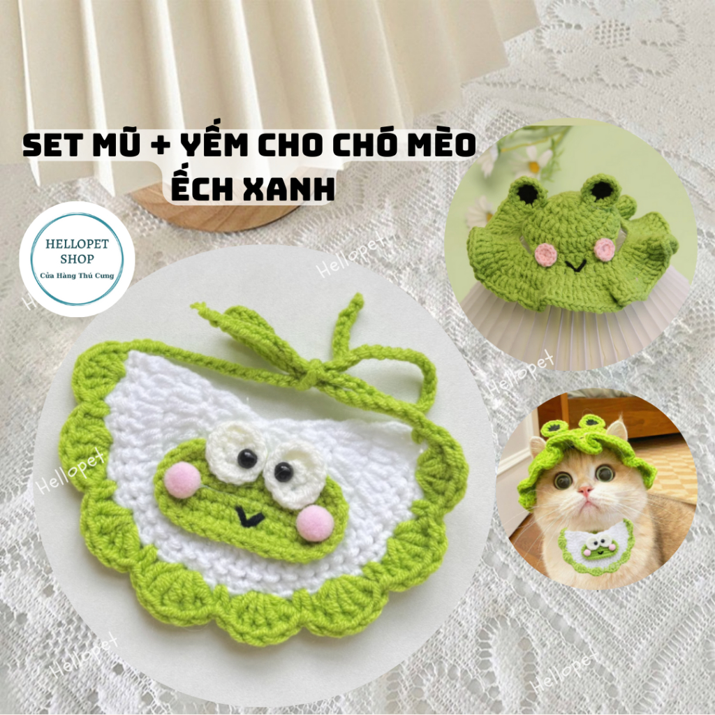 Set mũ len yếm len cho chó mèo, Nón len, vòng cổ len màu xanh lá dễ ...