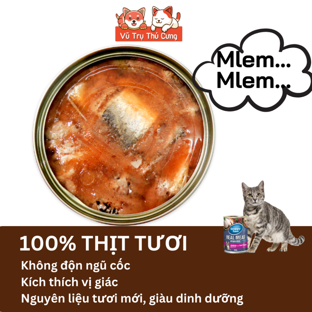 Pate lon Snappy Tom Real Fish và Real Meat 400g cho Mèo