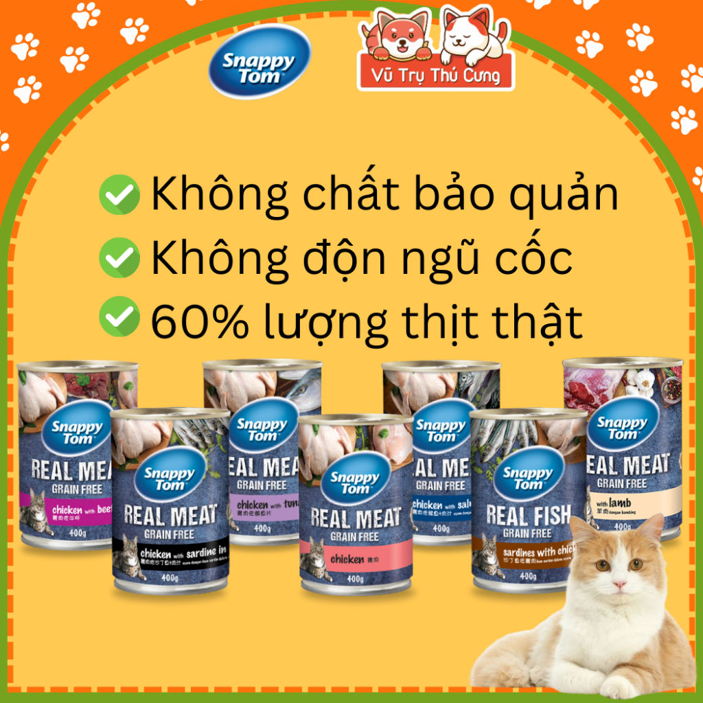 Pate lon Snappy Tom Real Fish và Real Meat 400g cho Mèo