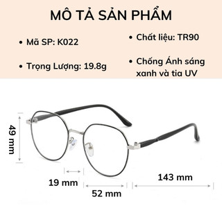 Kính thời trang nam nữ cao cấp phong cách hàn quốc, Gọng kính cận kim loại chống ánh sáng xanh K022