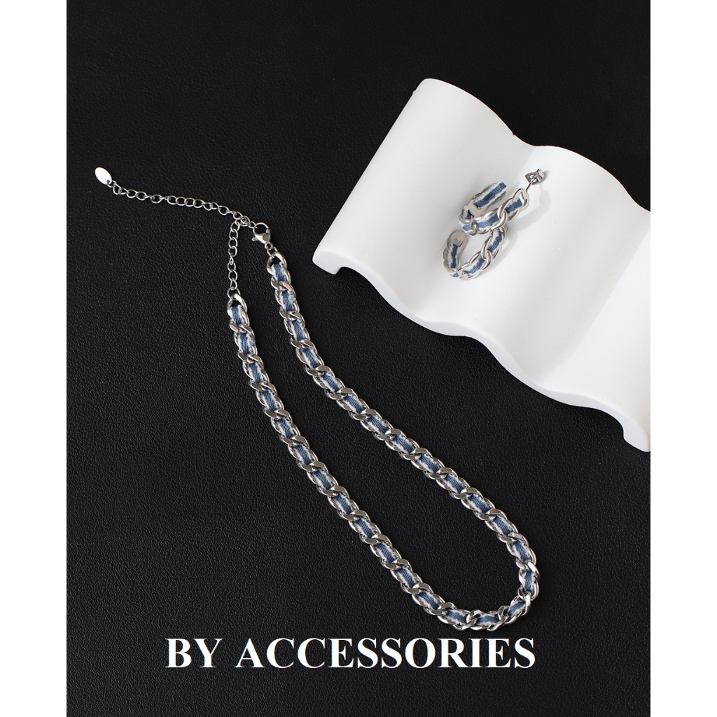 Vòng cổ choker titan xích đan dây denim xanh viền trắng thời trang cá tính không gỉ WN2350 BY ACCESSORIES