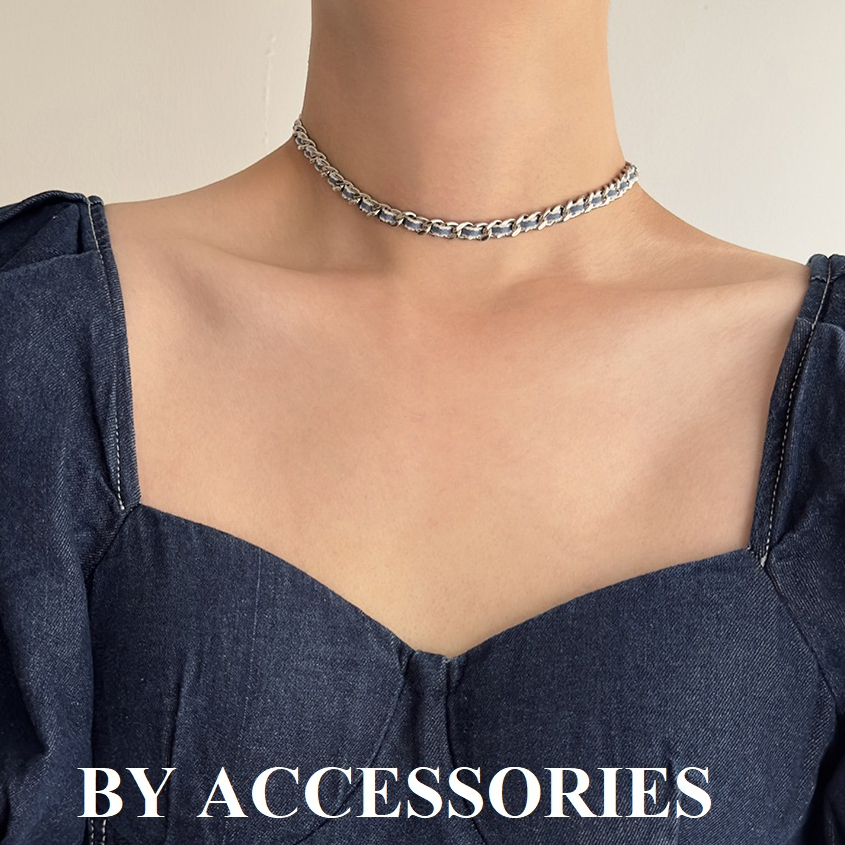 Vòng cổ choker titan xích đan dây denim xanh viền trắng thời trang cá tính không gỉ WN2350 BY ACCESSORIES