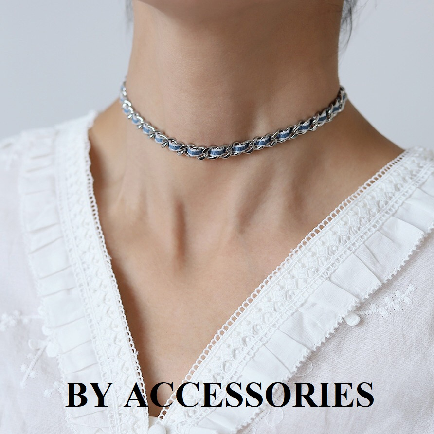 Vòng cổ choker titan xích đan dây denim xanh viền trắng thời trang cá tính không gỉ WN2350 BY ACCESSORIES