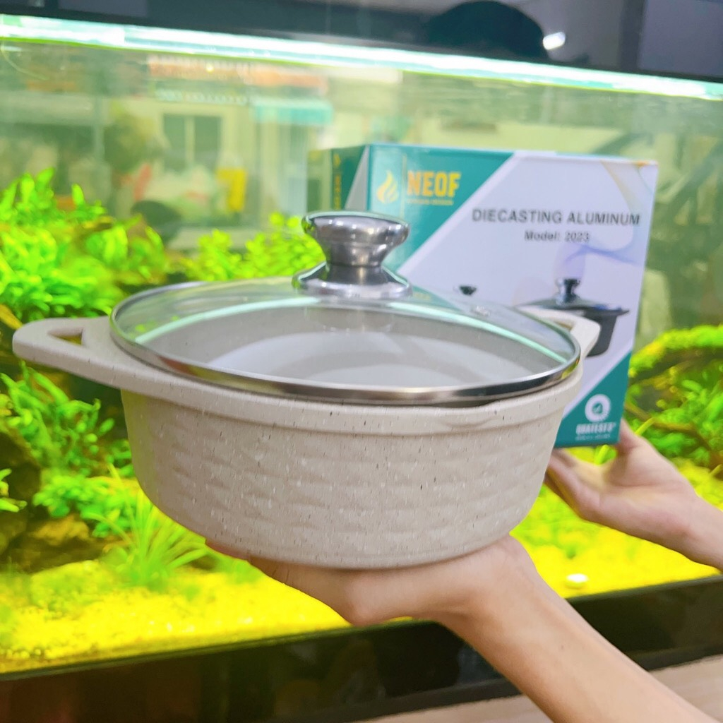 Nồi vân đá chống dính đúc liền khối 5 lớp đáy từ NEOF công nghệ Hàn Quốc size 18cm - 24cm - Nôi sử dụng đươc bếp từ