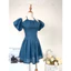Đầm Voan Dáng Xòe Cổ Yếm Tay Phồng Trễ Vai Bo Eo - Vải Chiffon - Màu Xanh - Dành Cho Nàng Đi Tiệc, Đi Chơi