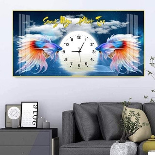 Đồng Hồ Treo Tường Decor Tráng Gương ''Cửa Ngư Quần Hội,Song Ngưu Phát Tài'' in Uv 5D Cao Cấp Phong Cách Hiện Đại