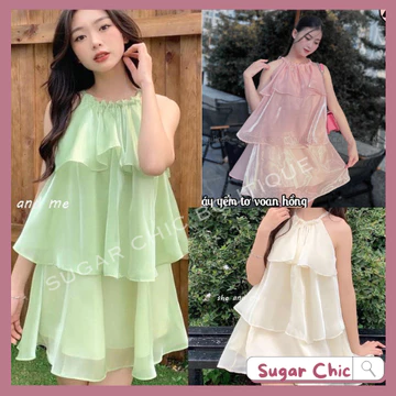 Váy Babydoll yếm tơ 3 tầng, Váy cổ yếm tầng Ulzzang váy babydoll tơ kiếng siêu, Đầm tơ xoè 3 tầng váy sát nách M12