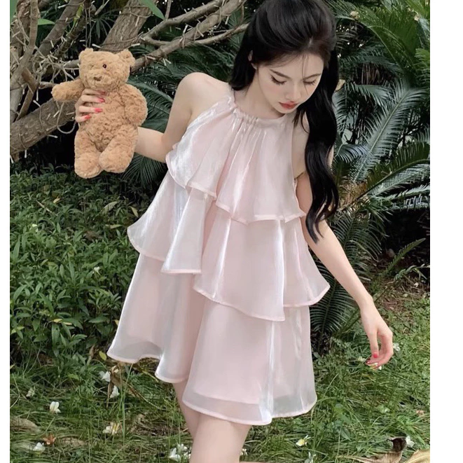 Váy Babydoll yếm tơ 3 tầng, Váy cổ yếm tầng Ulzzang váy babydoll tơ kiếng siêu, Đầm tơ xoè 3 tầng váy sát nách M12