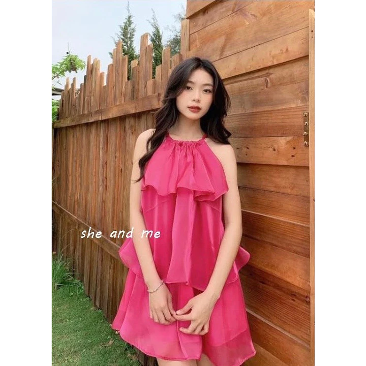 Váy Babydoll yếm tơ 3 tầng, Váy cổ yếm tầng Ulzzang váy babydoll tơ kiếng siêu, Đầm tơ xoè 3 tầng váy sát nách M12