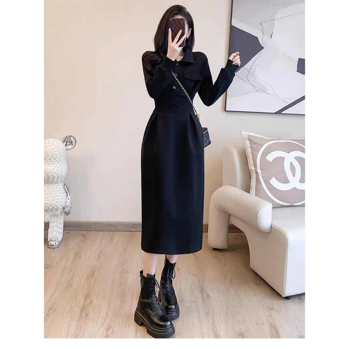 Váy polo dài tay chất nỉ da cá dày dặn dáng dài, váy thun polo dài tay thu đông xưởng may Minh Khang có nắp túi