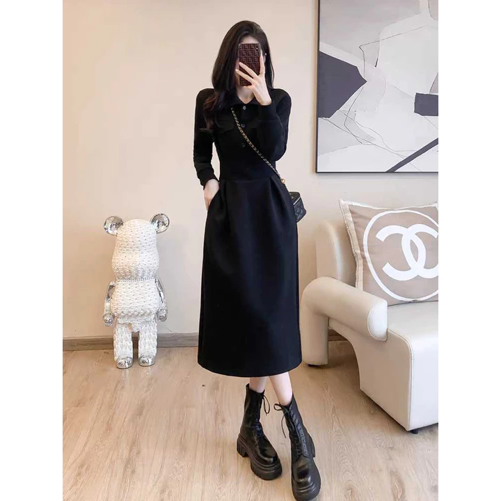 Váy polo dài tay chất nỉ da cá dày dặn dáng dài, váy thun polo dài tay thu đông xưởng may Minh Khang có nắp túi