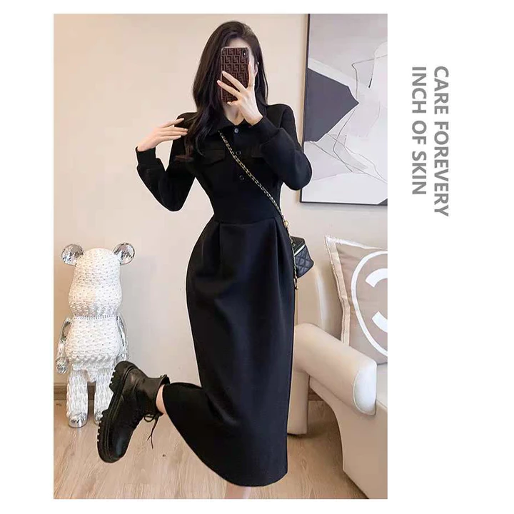 Váy polo dài tay chất nỉ da cá dày dặn dáng dài, váy thun polo dài tay thu đông xưởng may Minh Khang có nắp túi