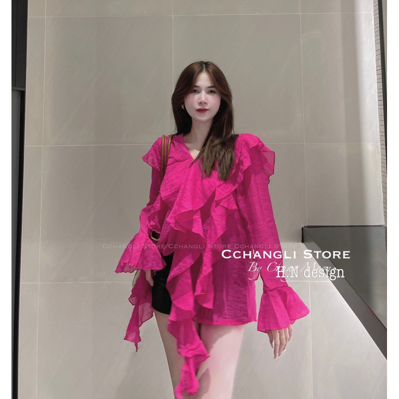 Áo sơ mi nữ thiết kế babydoll dài tay khuy ngọc , áo sơ mi nữ tay leo vải nhún tiểu thư  Thanhhuyen clothings