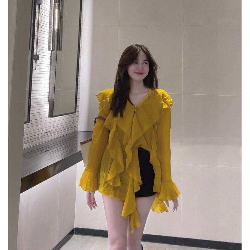 Áo sơ mi nữ thiết kế babydoll dài tay khuy ngọc , áo sơ mi nữ tay leo vải nhún tiểu thư  Thanhhuyen clothings