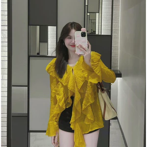 Áo sơ mi nữ thiết kế babydoll dài tay khuy ngọc , áo sơ mi nữ tay leo vải nhún tiểu thư Thanhhuyen clothings