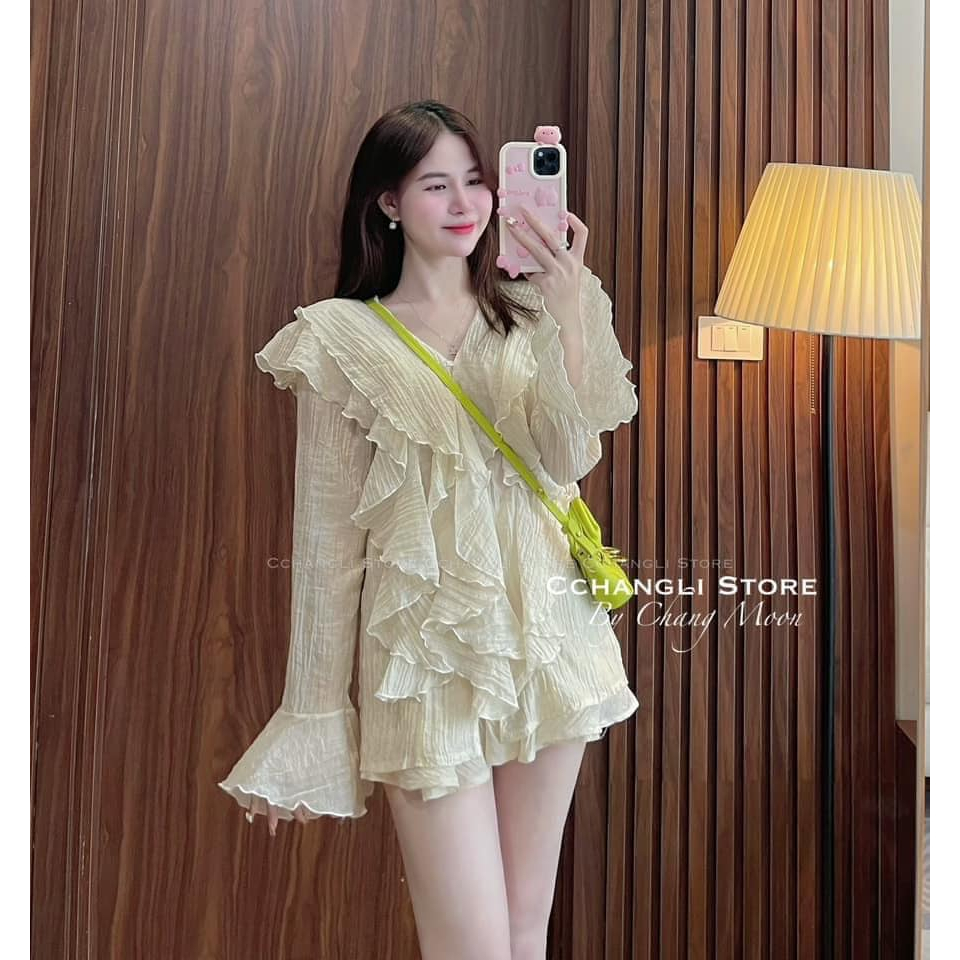 Áo sơ mi nữ thiết kế babydoll dài tay khuy ngọc , áo sơ mi nữ tay leo vải nhún tiểu thư  Thanhhuyen clothings