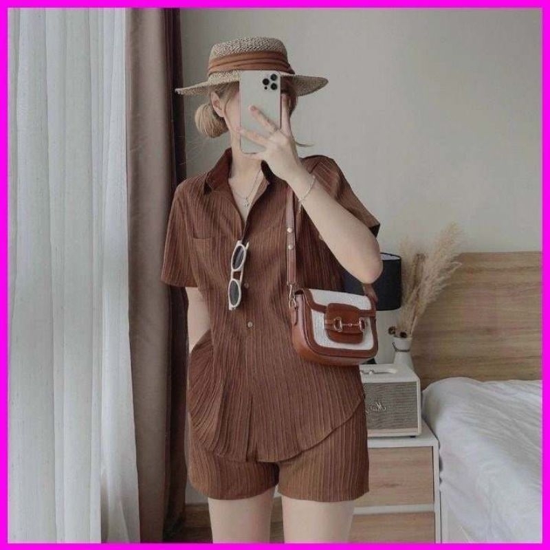 Bộ đũi sóng nhăn quần đùi áo sơ mi buộc nơ sau, hàng giá tận xưởng